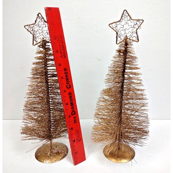 VTG 12" Gold Metallic Bottlebrush Christmas Tree Filigree Star Topper Set of 2 - Picture 2 of 7